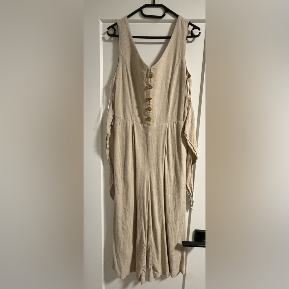 Neutral Linen Button-Front Jumpsuit